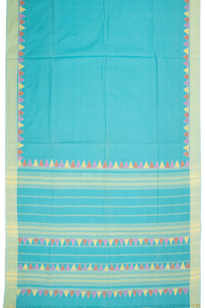 Vivid Blue Kantha Embroidered Cotton Saree-Avishya