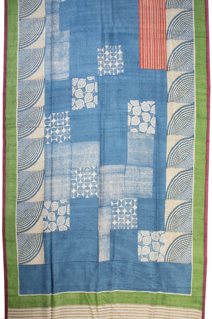 Slate Blue Hand Block Printed Tussar Silk Saree - Avishya