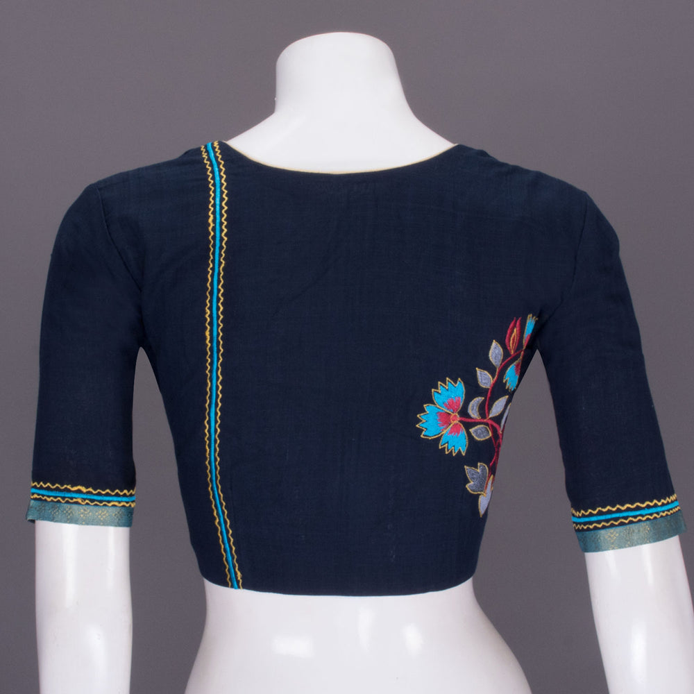 Navy Blue Hand Embroidered Silk Blouse - Avishya