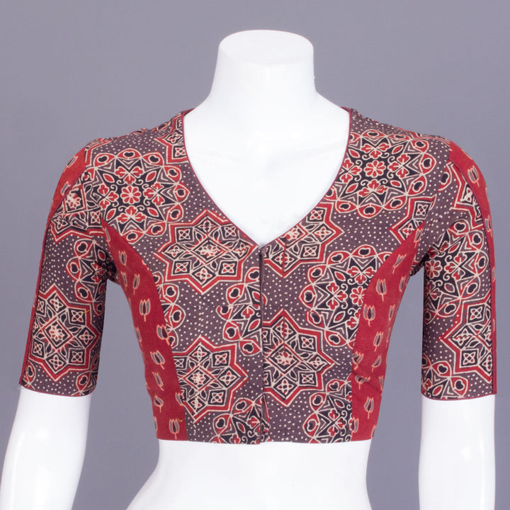 Red Ajrakh Printed Patchwork Cotton Blouse - Avishya