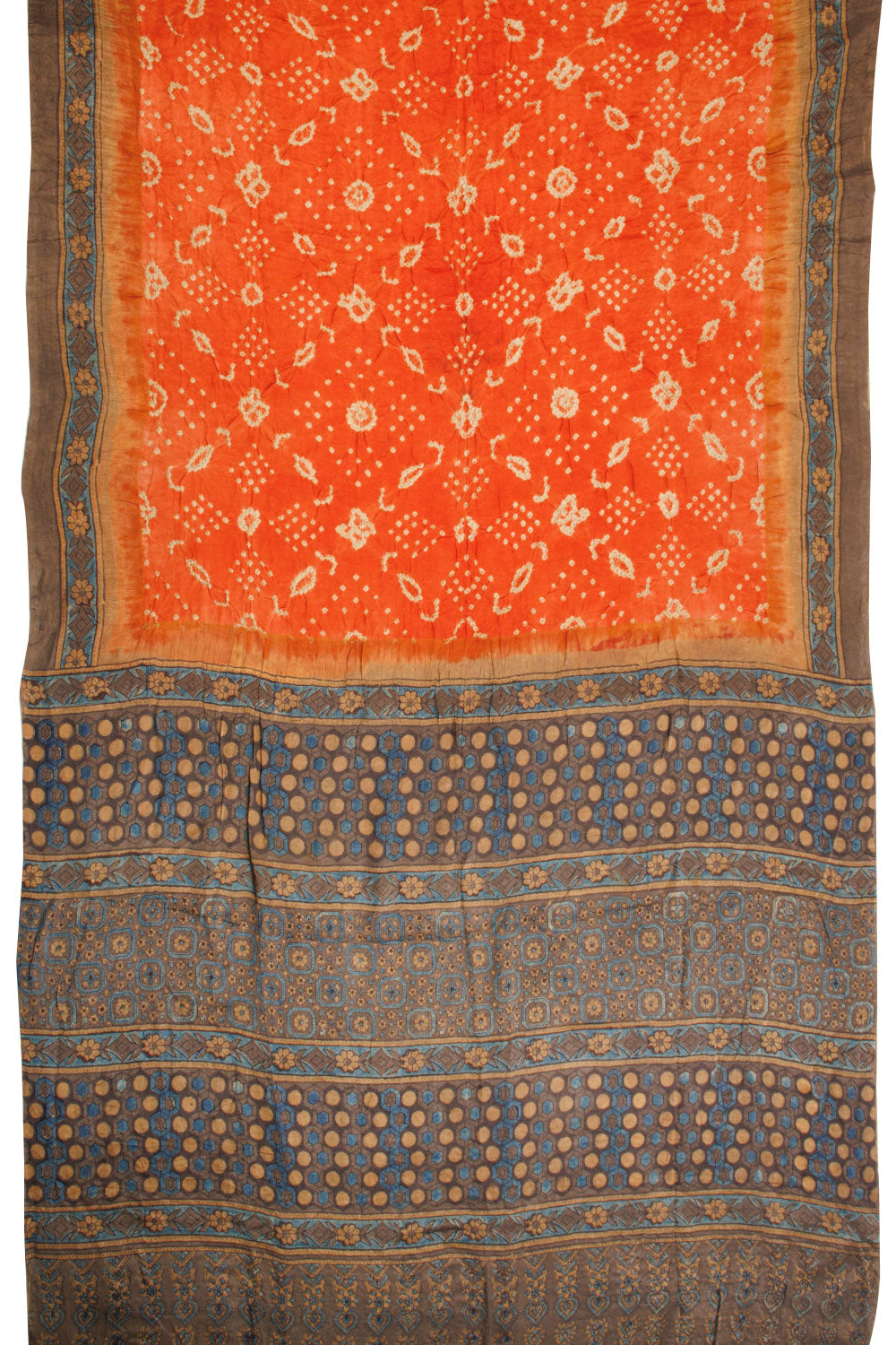 Orange Handcrafted Ajrakh Printed Bandhani Gajji Silk Saree 10068224