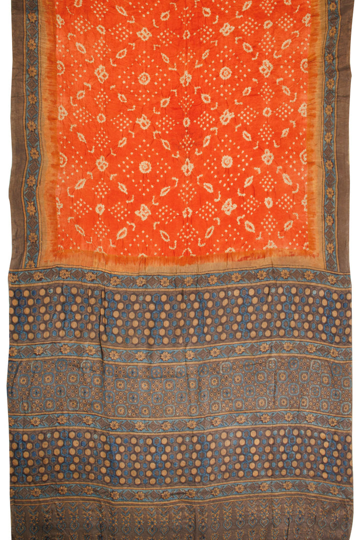 Orange Handcrafted Ajrakh Printed Bandhani Gajji Silk Saree 10068224