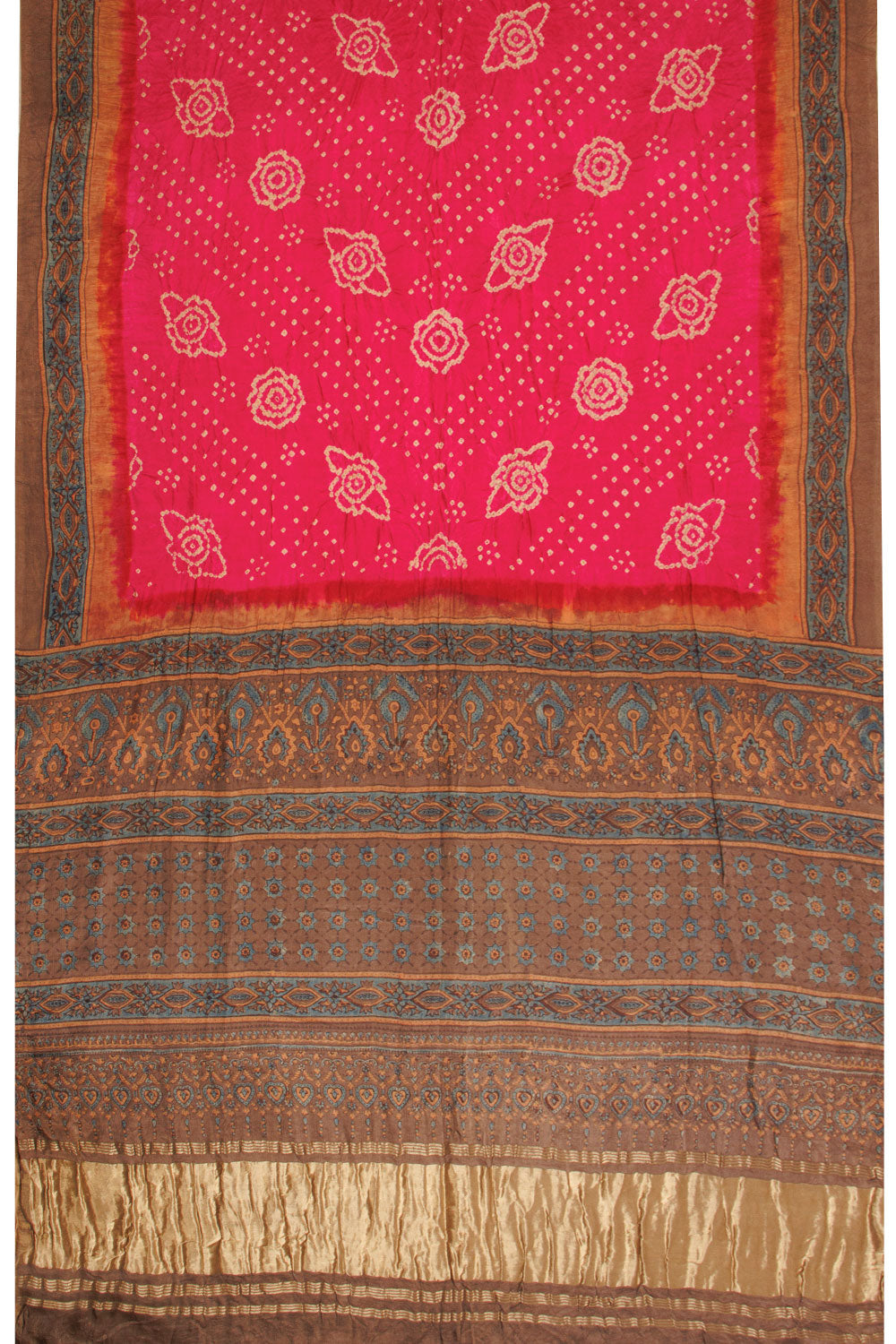 Pink Handcrafted Ajrakh Printed Bandhani Gajji Silk Saree  - Avishya