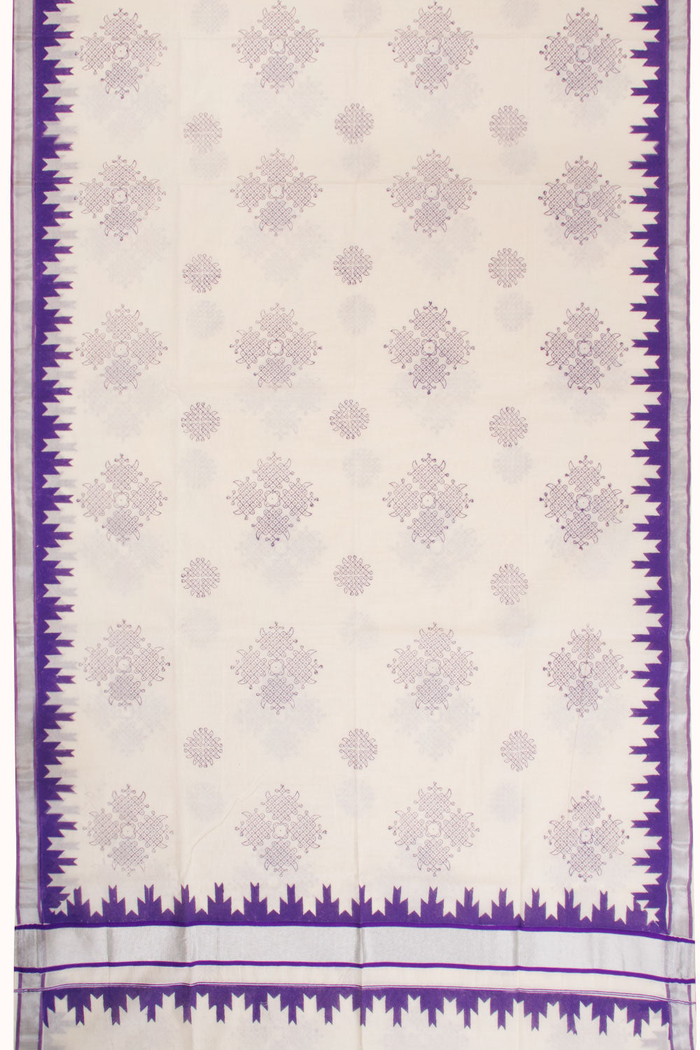 White Hand Block Printed Kerala Cotton Saree-Avishya