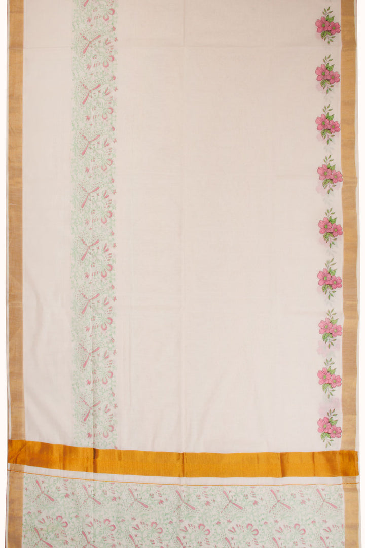 White Hand Block Printed Kerala Cotton Saree-Avishya
