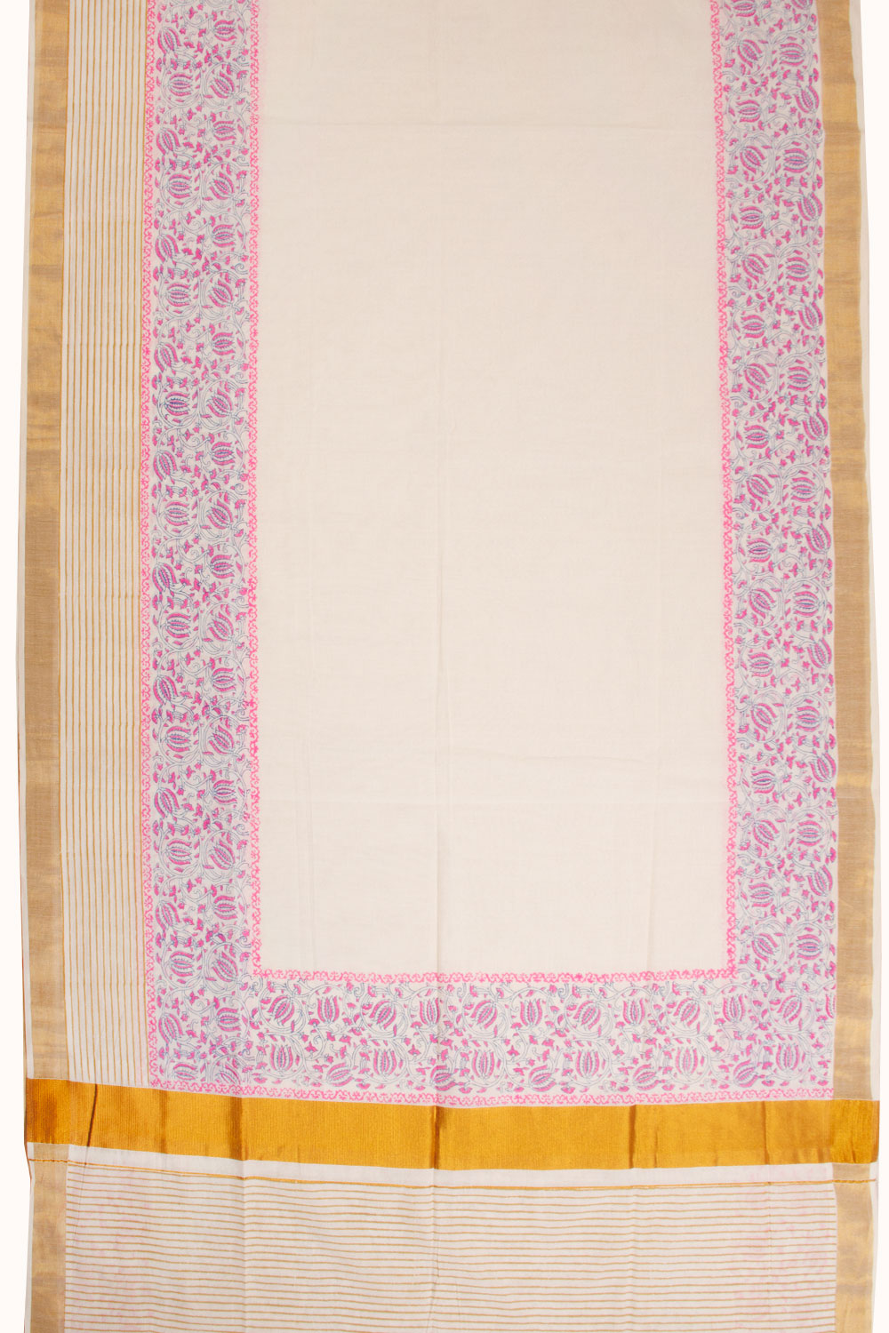 Cream Hand Block Printed Kerala Cotton Saree-Avishya