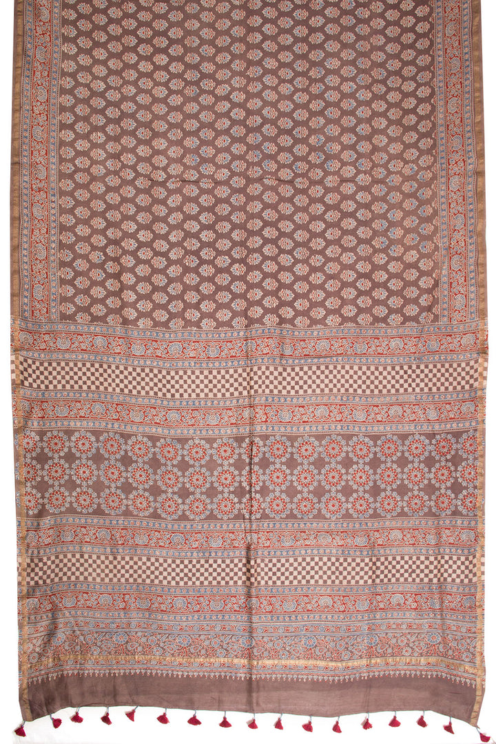 Brown Ajrakh Printed Silk Cotton Saree 10068356