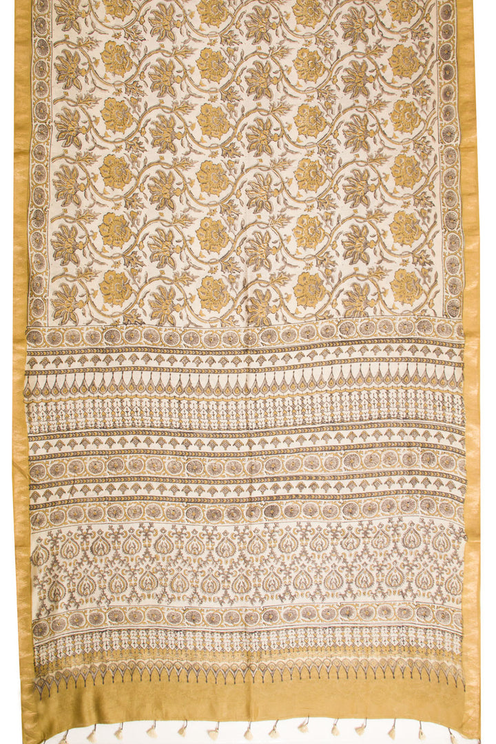 Cream Ajrakh Printed Silk Cotton Saree - Avishya