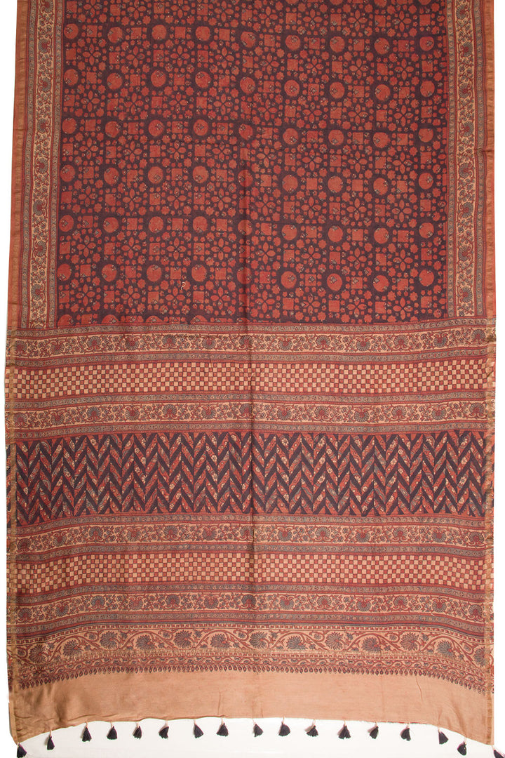 Red Ajrakh Printed Silk Cotton Saree - Avishya