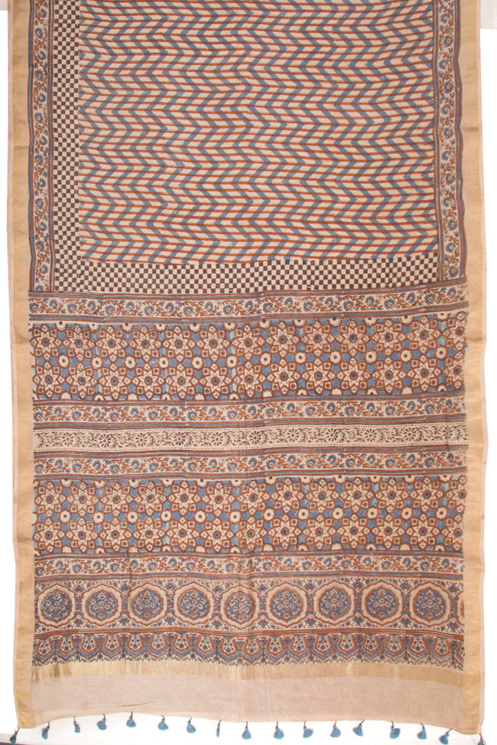 Beige Ajrakh Printed Silk Cotton Saree - Avishya