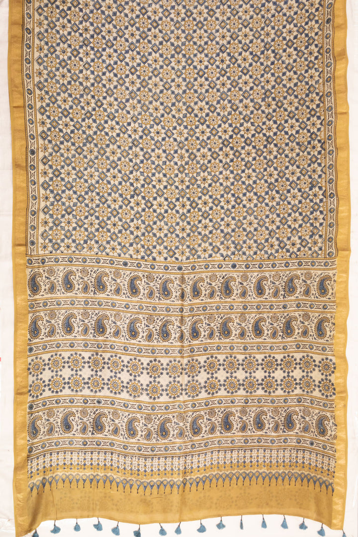 Beige Yellow Ajrakh Printed Silk Cotton Saree - Avishya