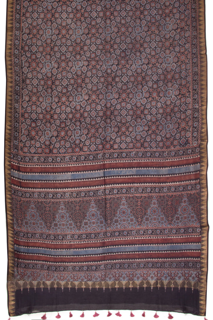 Black Ajrakh Printed Silk Cotton Saree - Avishya