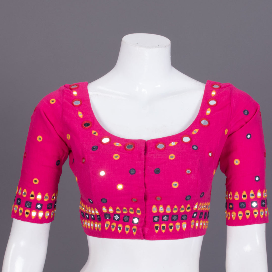 Pink Hand Embroidered Mirror Work Chanderi Silk Cotton Blouse - Avishya