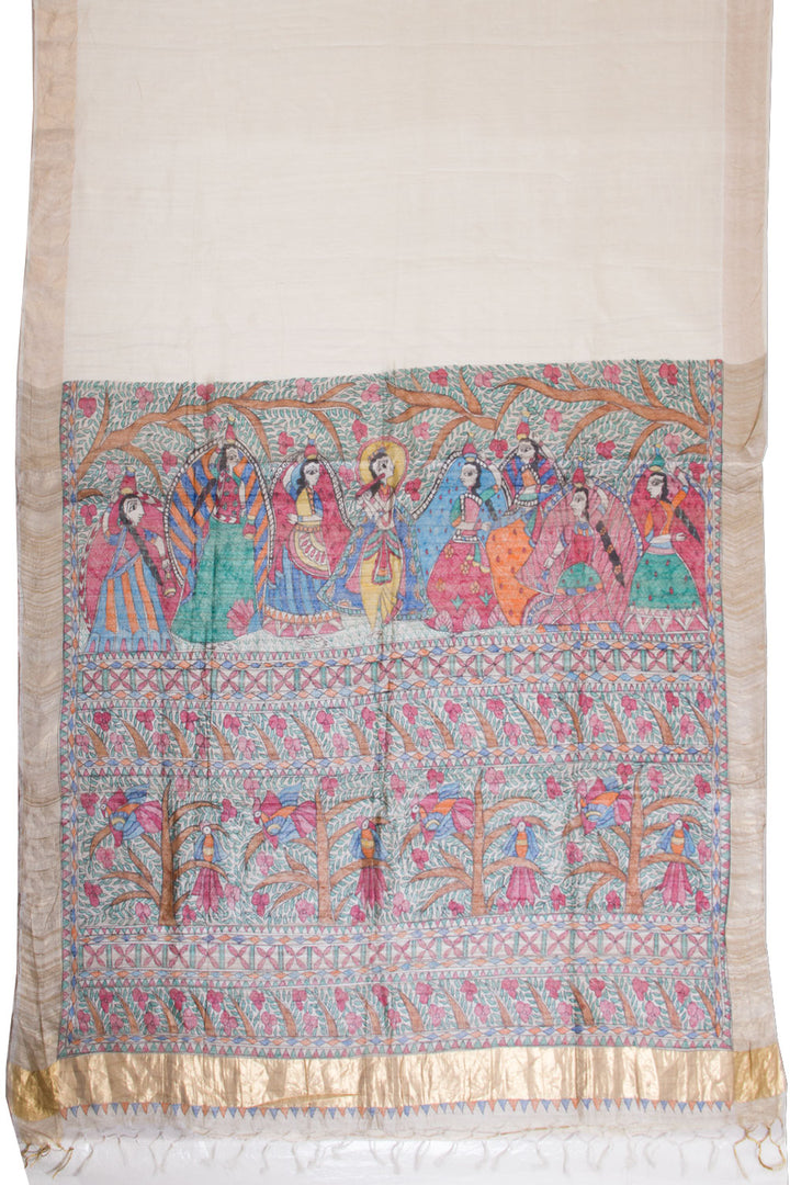 Beige Hand Painted Staple Silk Madhubani Saree With Tussar Pallu 10068442 - Avishya - Avishya