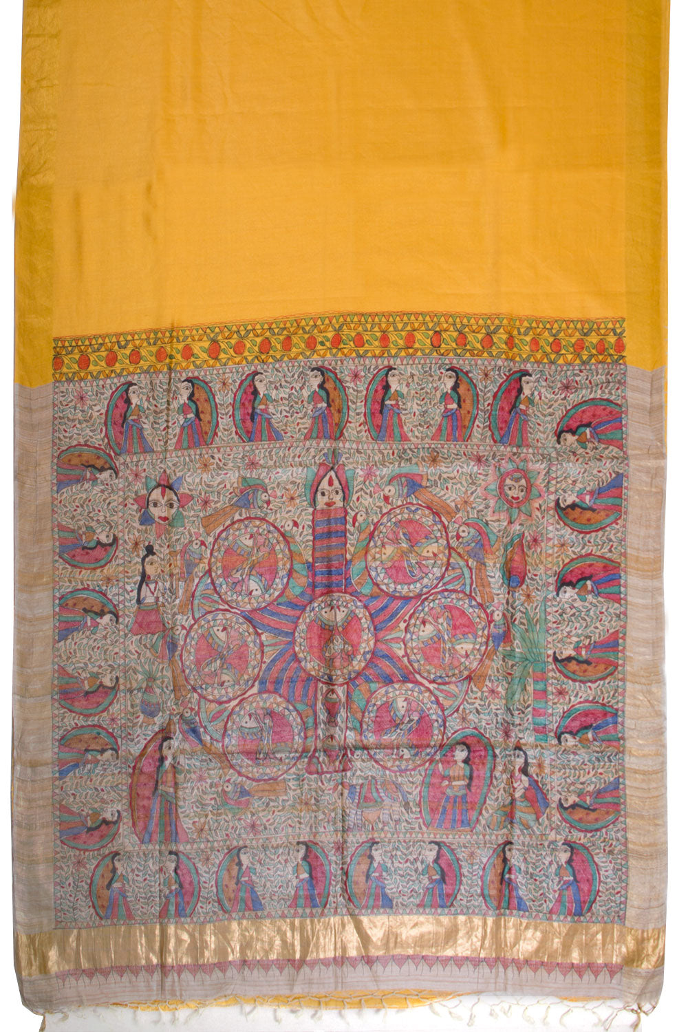 Yellow Hand Printed Staple Silk Madhubani Saree With Tussar Pallu 10068443 - Avishya