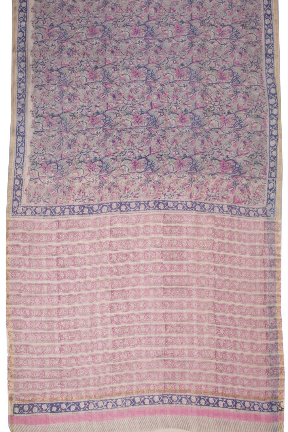 Grey Sanganeri Printed Silk Cotton Saree 10068560