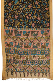 Black Hand Painted Pen Kalamkari Silk Cotton Saree 10068728