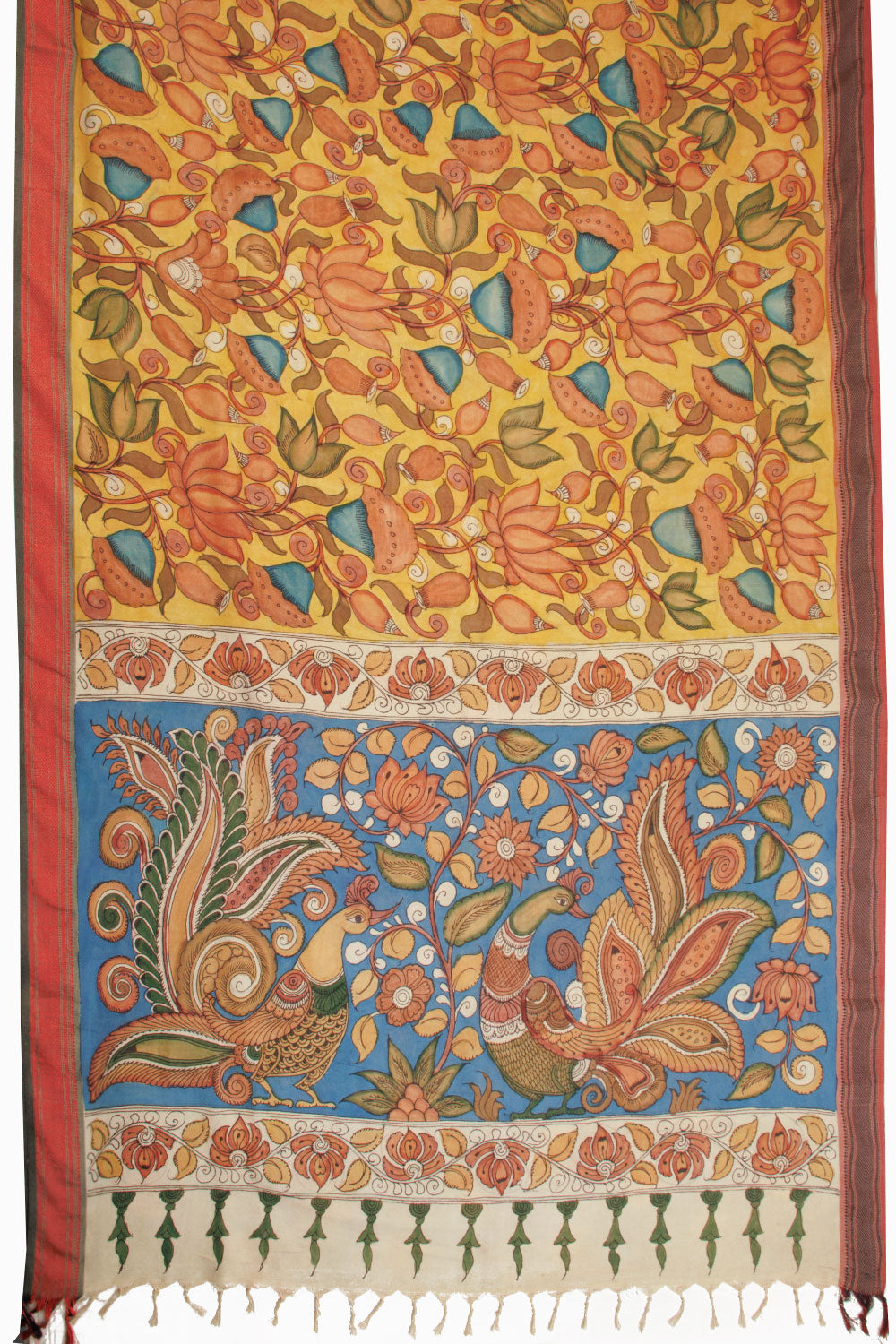 Yellow Hand Painted Pen Kalamkari Silk Cotton Saree 10068730