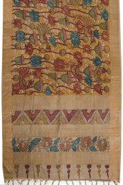Yellow Hand Painted Pen Kalamkari Tussar Silk Saree 10068731