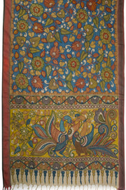 Blue Hand Painted Pen Kalamkari Silk Cotton Saree 10068729