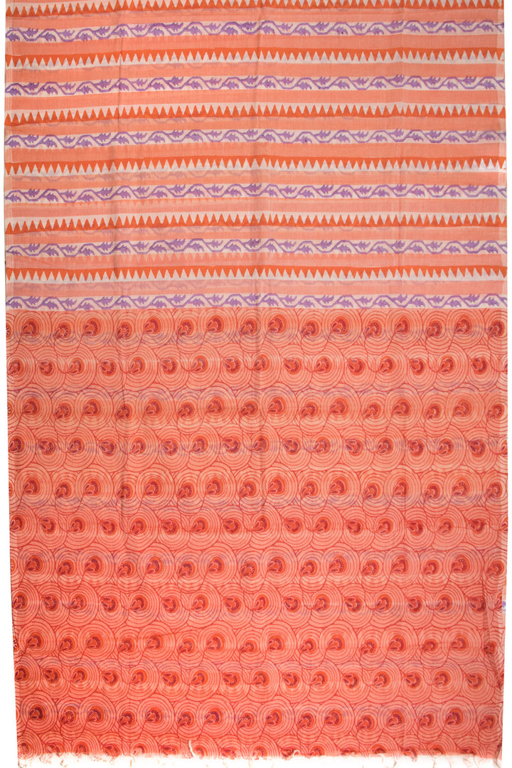 Orange Hand Block Print Dhaniakhali Cotton Saree 10068898 - Avishya