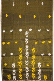 Green Hand Block Brocode Dhaniakhali Cotton Saree With Applique 10068899 - Avishya