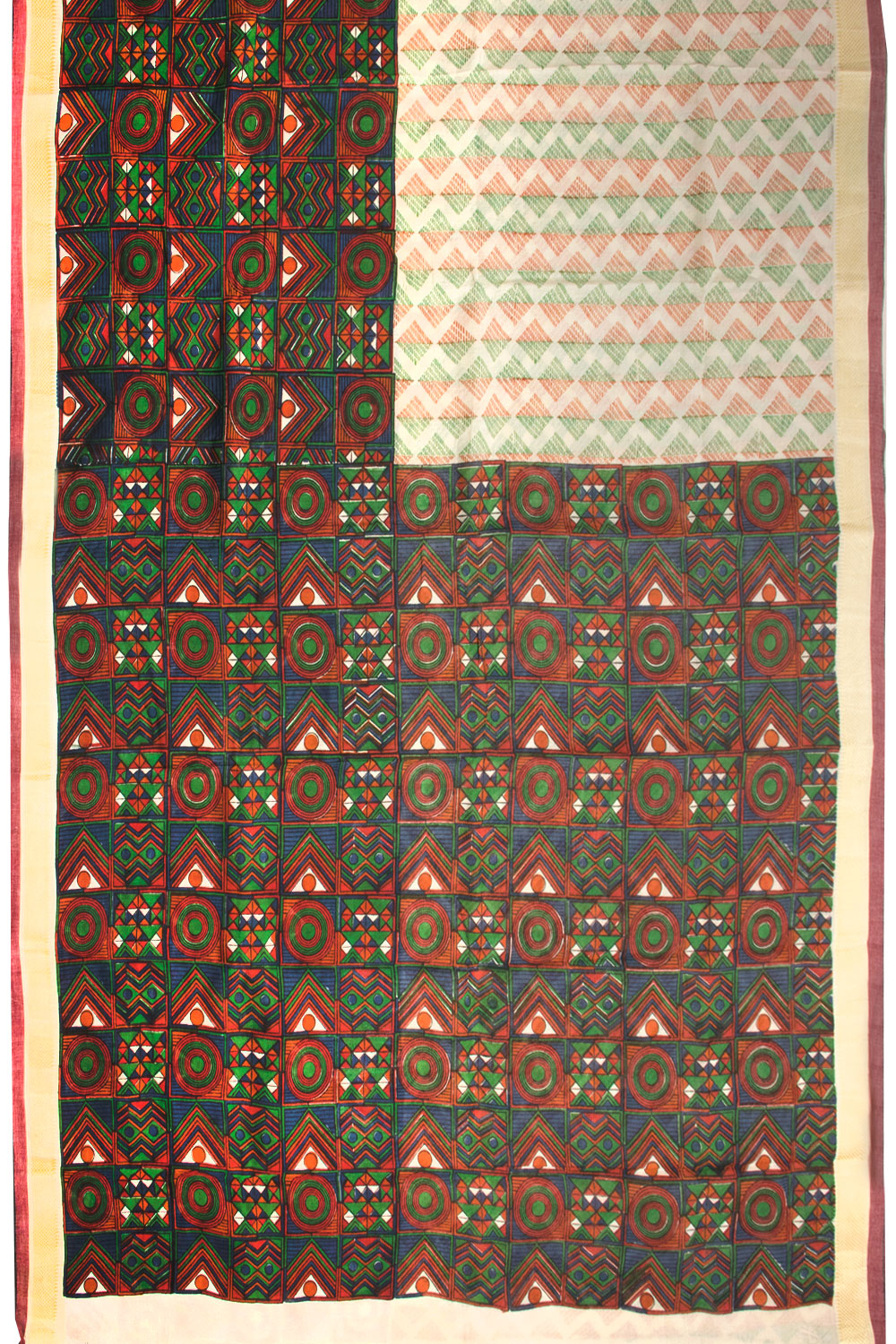Beige Hand Block Print Dhaniakhali Cotton Saree 10068900 - Avishya