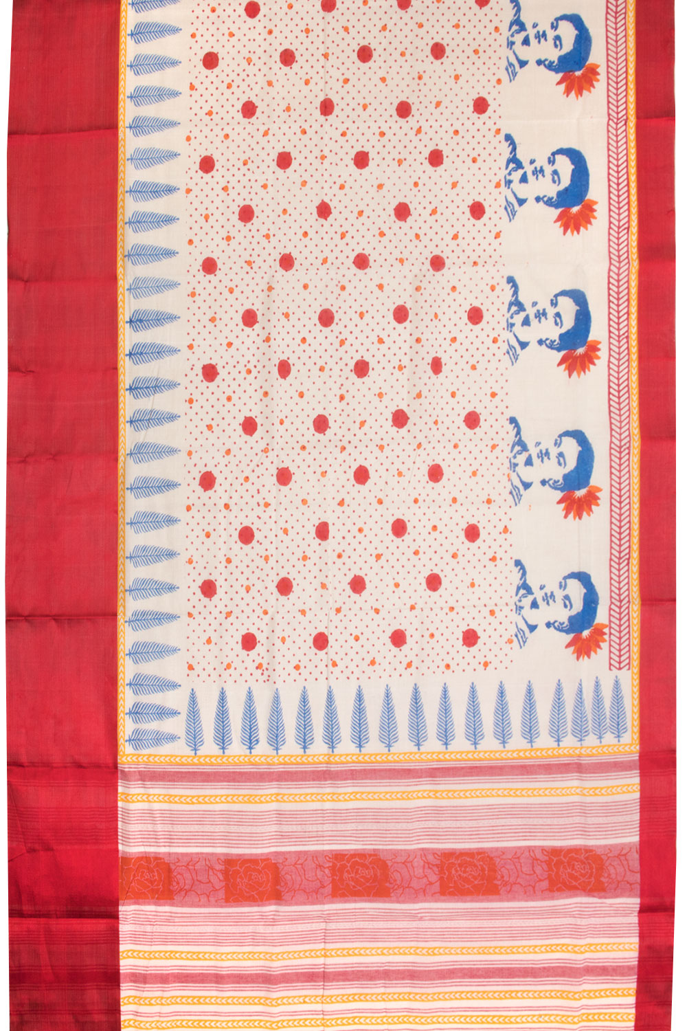 Off White Hand Block Print Dhaniakhali Cotton Saree With Satin Border 10068908 - Avishya
