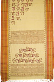 Beige Hand Block Print Dhaniakhali Cotton Saree 10068909 - Avishya
