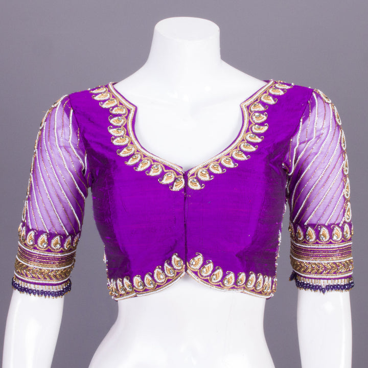 Purple Aari Embroidered Tussar Silk Blouse 10068922 - Avishya