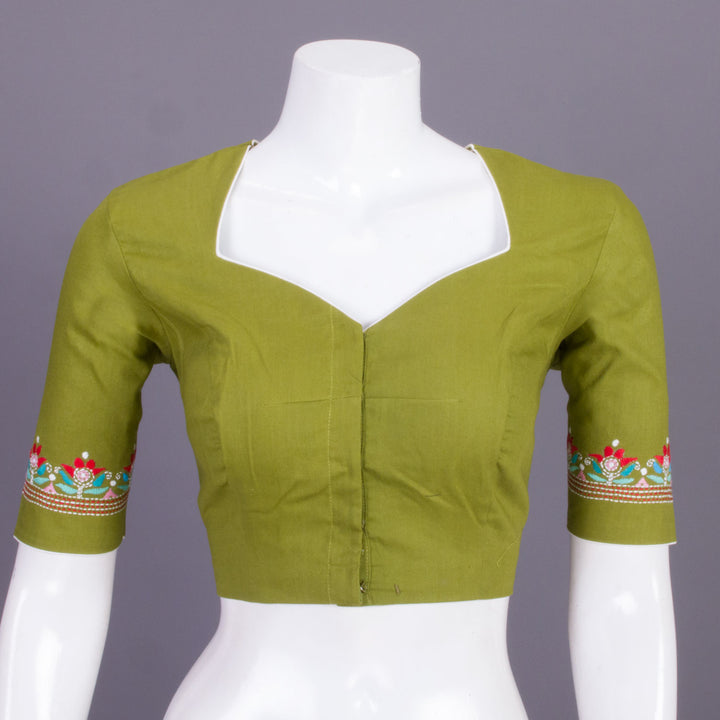 Green Kantha Embroidered Cotton Blouse 10068983 - Avishya