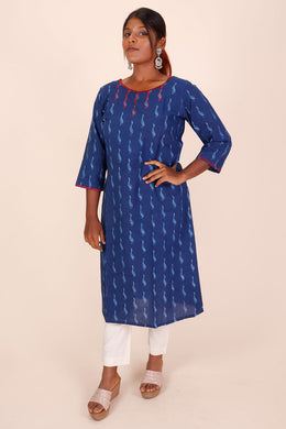 Indigo Dyed & Embroidered Dabu Printed Cotton Kurta 10068987 - Avishya