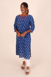 Indigo Dyed & Embroidered Dabu Printed Cotton Kurta 10068994 - Avishya