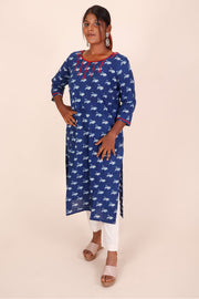 Indigo Dyed & Embroidered Dabu Printed Cotton Kurta 10068995 - Avishya