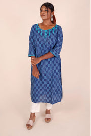 Indigo Dyed & Embroidered Dabu Printed Cotton Kurta 10068996 - Avishya