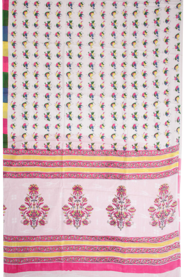 White Hand Block Printed Cotton Saree 10069071 - Avishya