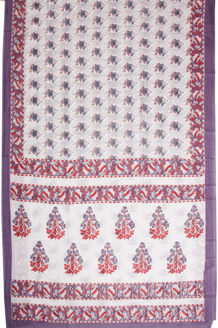 White Hand Block Printed Cotton Saree Without Blouse 10069077 - Avishya