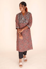 Brown Work Ajrakh Printed Cotton Kurta 10069400 - Avishya
