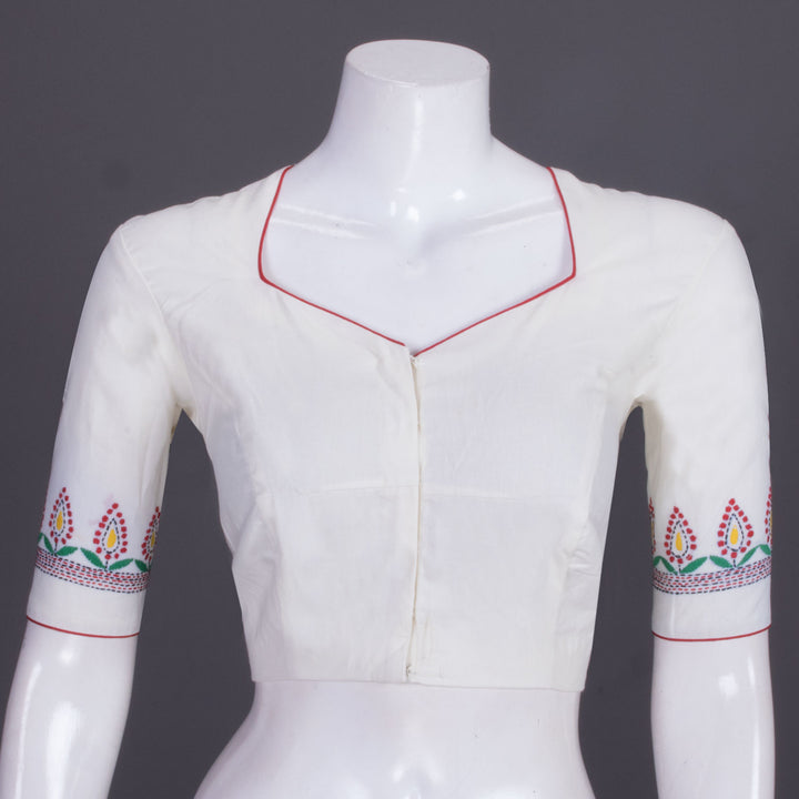 White Kantha Embroidered Cotton Blouse 10069525 - Avishya
