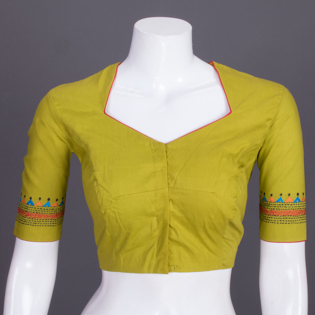 Green Kantha Embroidered Cotton Blouse 10069535 - Avishya