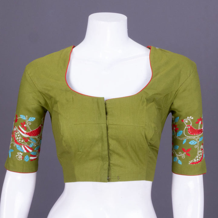 Green Kantha Embroidered Cotton Blouse 10069558 - Avishya
