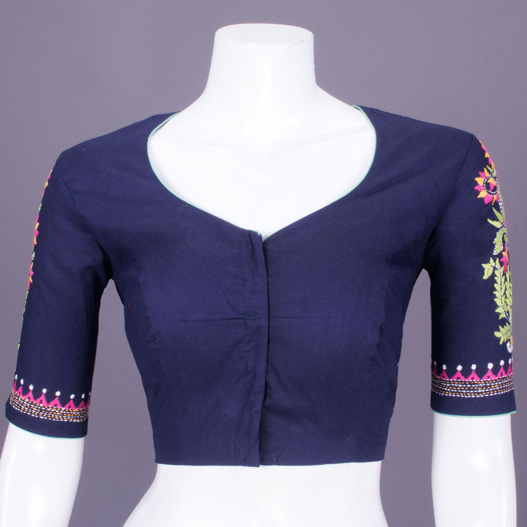 Blue Kantha Embroidered Cotton Blouse 10069757 - Avishya