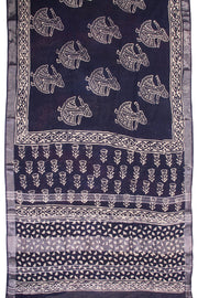 Blue Hand Block Printed linen saree 