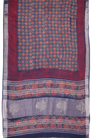 Blue Hand Block Printed linen saree - Avishya 10070882