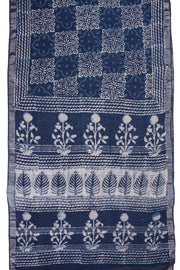 Blue Hand Block Printed linen saree