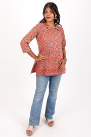 Spanish Red Ajrakh Printed Cotton Kurti 10072057