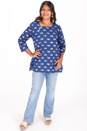 Indigo Crane Motif Hand Block Printed Cotton Kurti 10072060