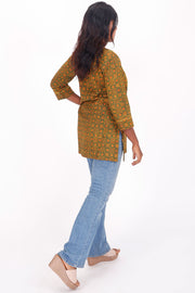 Bronze Yellow Ajrakh Printed Cotton Kurti 10072369