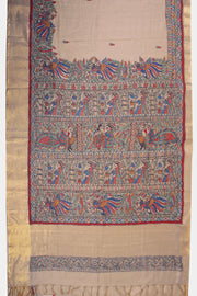 Beige Hand Painted Madhubani Tussar Silk Saree 10072732