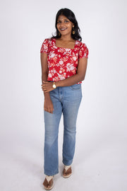 Red Hand Block Printed Cotton Crop Top 10074302